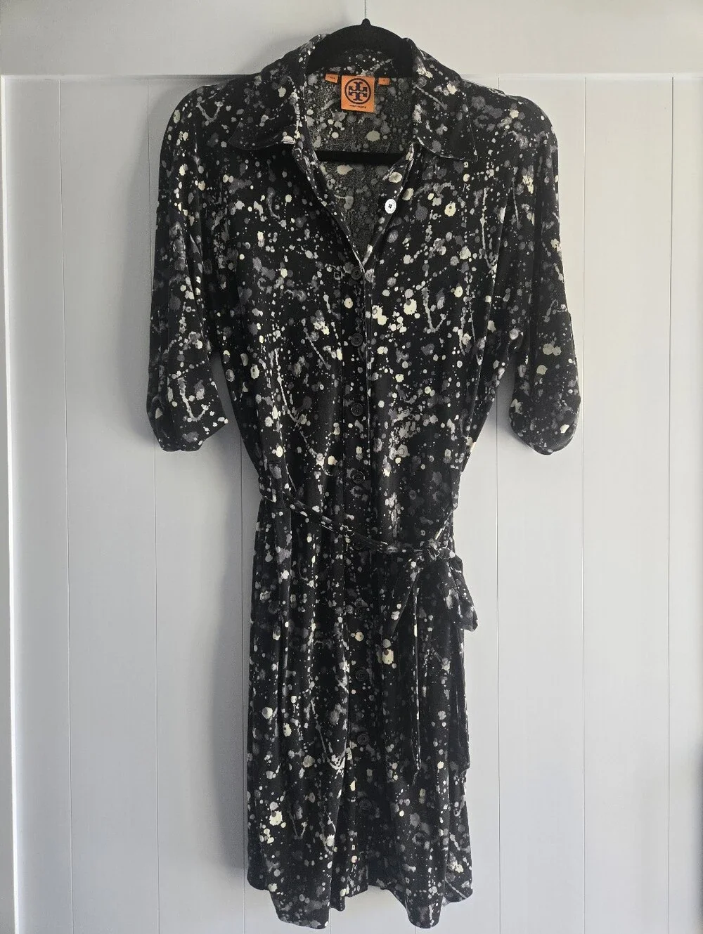 Tory Burch Black and White Splatter-Print Midi Shirt Dress 100% SILK Size Small